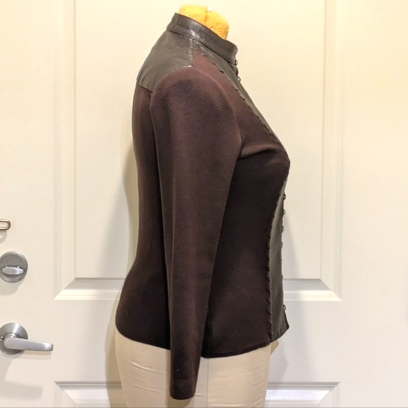 EUC 80s Tan Jay XL Leather and Knit Hook & Eye Front Stand Collar Sweater - Picture 5 of 8